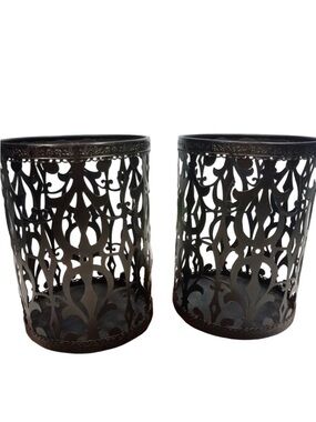 Set of 2 Black Iron Burnout Pillar Candle Holders